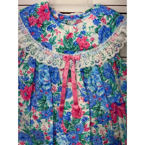 Vintage Forever Floral Blue Pink Lace Trim Size 18 Months Girl's Sleeveless Dres - Picture 3 of 9